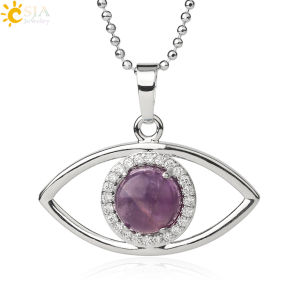 CSJA Round Natural Stone Pendants Devils Eye Amulet Micro Inlaid Zircon Silver Color Pendant Necklace Women Trendy Jewelry G510