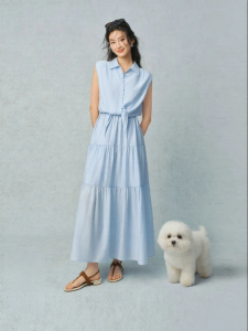 SEIFINI | Design Acetate Sleeveless Blue Shirt Collar Waist-Cinching Dress