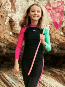 Speedo | Color Block Chlorine Resistant Sun Protection Long Sleeve Split Surf Swimsuit