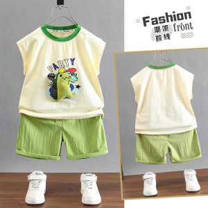 น่ารัก เด็กชาย ชุดหน้าร้อน แขนกุด ชุด มีสไตล์ เสื้อผ้าเด็ก สไตล์เกาหลี วัสดุบาง การ์ตูน ลายไม่รวมหมวก