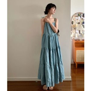 Neapolitan Blue Plaid Linen Camisole Dress Womens Summer New Arrival Slimming Vacation Vest Maxi Dress