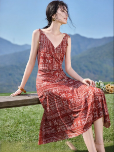 MOHANYIMEI | Strap Halter Waist Vintage Print Irregular Skirt Dress