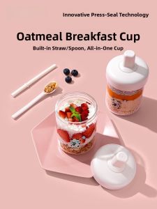 Overnight Oats Milk Cup with Lid Spoon Portable Takeout Soy Milk Breakfast Yogurt Cup for Overnight Oats And Milk Drinks