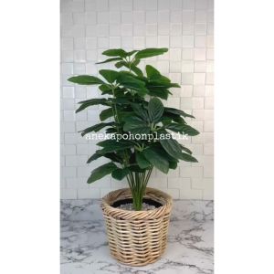 Pohon Hias Tanaman Artificial Anubias X18 Semilatex & Keranjang Rotan Bulat