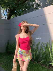 Beachside Dopamine Hot Girl Outfit Womens Pink Short Strap Vest Silk Print Half-length Skirt Two-piece Set Fashionable Ensemble