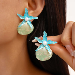 Seaside Starfish Sea Shell Stud Earring for Women Bohemian Imitation Pearl Beads Earrings Vacation Beach Ear Jewelry Gifts F
