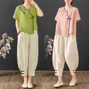 Cotton and Linen Suit Womens Summer Two-piece Set Retro Short Sleeve Tops Mother Clothes Loose Slim Looking Ethnic Style Womens Buckle Pants
