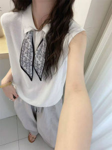 Shalldoer | Korean Style Ageless Knitted Vest Womens Summer Thin Breathable Sleeveless Shirt Turn-down Collar Silk Scarf Casual Loose Fit
