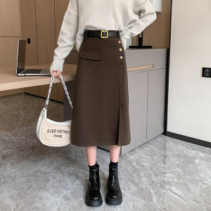 High Waist A-Line Mini Skirt Womens Woolen Spring Autumn Winter New Style Korean Version Office Commute Pure Color Button Detail