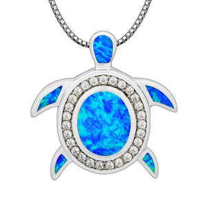 Sea Turtle Pendant Necklace with Natural Blue Opal & Zircon AccentsOcean Animal JewelryElegant Healing Crystal Gift for Women