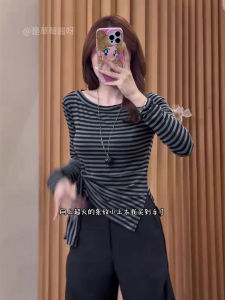 Gray Striped One Shoulder Base Shirt Long Sleeve Slim Fit Inner Wear Outer Wear Commute Style Korean Version Autumn New Arrival