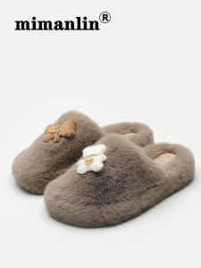 Mimainlin Flat Bottom Fur Slippers Women Indoor Home Anti-Slip Cover Head Cotton Slippers Cute Fashionable Spring Autumn Wear