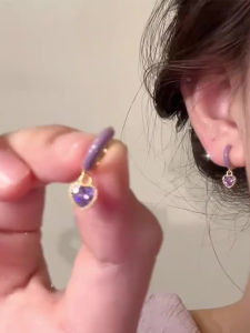 Elegant Purple Heart Shaped Pendant Ear Cuffs French High-End Style Spring Summer New Design Unique Fashion Jewelry Earrings
