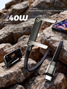 LINGKEN | 240W Fast Charging Cable Data and Charging Line for Multiple Phone Models with Dual Type-C Interface Bendable Head and Stand Feature