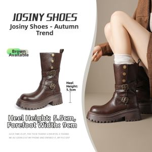 Josiny | Winter Black Mid-Calf Boots Thick Heels Insulation Height-Increasing
