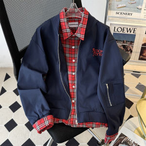 เสื้อแจ็คเก็ตบินลายสก็อตแบบแยกชิ้นสำหรับผู้ชาย ทรงหลวม ปกพับ แขนยาว ปกติ ฤดูใบไม้ร่วง 2025 แจ็คเก็ตบินสไตล์วินเทจ
