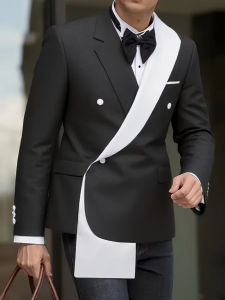 Suit Blazer Mens Black White Patchwork Suit Jacket Asymmetrical Design Blazer Stage Host Wedding Banquets Party Blazer+Pant