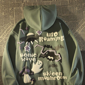 Retro American Bat Ghost Hoodie Womens Autumn Winter Fleece Long Sleeve Street Style Oversize Jacket Cartoon Print Streetwear