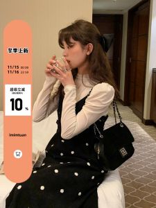 Váy Midi Nhung Kẻ Có Dây Đeo Cổ Cao Hai Mảnh Cho Nữ Mùa Thu Thường Ngày Váy Công Sở Cạp Cao Tay Dài