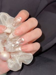 White Nail Tips Rhinestone Diamond Cat Eye Pure Desire Ice Transparent Pink Wearable Nail Art Tools Rhombus Chain Design