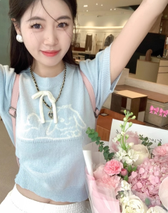 สีน้ําเงิน ลายดอก ถักสั้น เสื้อท่อนบน คอกลม สลิมฟิต ฤดูร้อน หลากหลาย ผู้หญิง แฟชั่น โพลีเอสเตอร์ เสื้อเชิ้ต Fiber Low Cut ฤดูร้อน