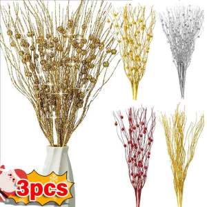 YESPERY กิ่งตกแต่งคริสต์มาสเกล็ดแวววาวประดิษฐ์สีเงินทองแดงลำต้นเบอร์รี่สำหรับต้นคริสต์มาสตกแต่งพวงหรีดแบบทำมือขนาด43ซม. 1/3ชิ้น