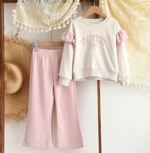 Menoea xuân thu thời trang mới quần áo thể thao in hình nơ thư phiên bản Hàn Quốc dài tay áo Áo nỉ + quần hai bộ chi tiết quần áo nữ trơn