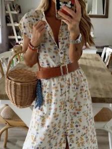 ชุดเดรสยาวลายดอกไม้สไตล์ฝรั่งเศสย้อนยุคพร้อมเข็มขัด ชุดเดรสยาวปานกลาง แขนสั้น ทรงเข้ารูป ฤดูร้อน 2020