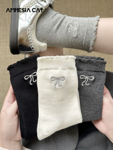 ถุงเท้ายาวผู้หญิงผ้าฝ้ายแท้ปักลายโบว์ผีเสื้อสีเทาสไตล์บัลเล่ต์ฤดูใบไม้ร่วง ถุงเท้าผู้หญิง ชุดชั้นใน ถุงเท้ายาวปานกลาง ผ้าฝ้ายแท้