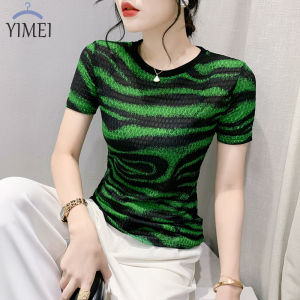 Yimei thời trang áo phông kẻ sọc in họa tiết ngắn tay ôm cổ tròn đa năng cho nữ áo thun nữ thời trang Mới Mùa Hè $single8 ôm vừa áo phong cách hoài cổ nữ
