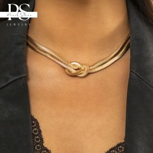 Double Layered Knot Herringbone Choker Necklace for Women Flat Snake Chain Necklaces Jewelry for Women Girls