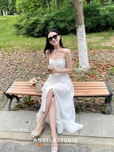 Angela Summer Swan Lake Ramie Embroider Pure Color Lace Jacquard White Suspender Vacation Fairy Dress