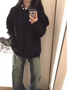 Womens Loose Fit Hoodie Pure Cotton Fleece Lined Black Sweatshirt Autumn Winter Casual Outerwear American Style Open Cardigan