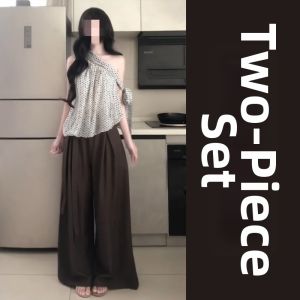 Y6Y | Dot Shoulder-baring Chiffon Top & Wide-leg Pants Set Summer
