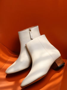 French Style Short Boots Womens High Heel Leather Ankle Boots White Genuine Leather Fashion Booties for Skirts round Toe