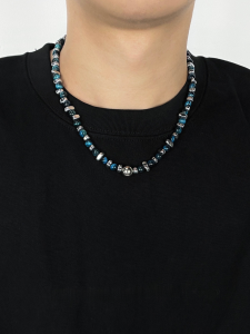 Blue Natural Tiger Eye Stone Necklace Mens Hip Hop Design Titanium Steel Pendant Chain out Fashion Accessory for Men