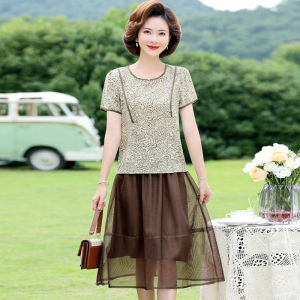 Fashionable Short Sleeve Midi Dress for Mom 50th Mothers Day Special Womens Mid-Aged Gown Elegant Long Skirt Polyester Fiber