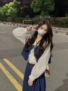 Fall Winter Denim Vest Top And Long Skirt Two-Piece Set Womens Clothing Commute Korean Style High Waist A-Line Dress