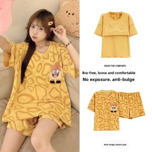Cotton Cartoon Print Sleepwear Set Womens Short Sleeve round Neck Home Clothes Yellow Outerwear Cute Comfortable Sleepwear
