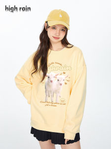 เสื้อฮู้ดคอกลมแขนยาวพิมพ์ลายแกะฤดูใบไม้ผลิและฤดูใบไม้ร่วงสำหรับผู้หญิงและผู้ชาย สไตล์วันหยุดแบบลำลอง สีเหลืองนม ทรงหลวม ผ้าฝ้ายโพลีเอสเตอร์