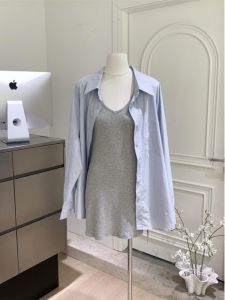 Blue Island Casual Loose Fit Long Sleeve Shirt plus Grey Vest Set Fashionable plus Size Solid Color Clothing Polyester 100%