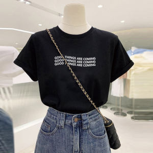 Summer New Womens Black Short Sleeve T-Shirt Thin Pure Cotton Letter Design Slimming Top Korean Style Casual Comfortable Fit