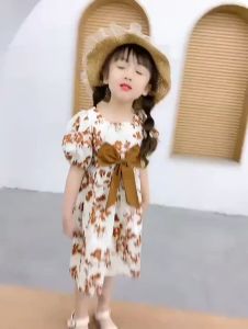 ชุดเจ้าหญิงของเด็ก ชุดเด็กผู้หญิง แฟชั่นเดรสโบว์ลายดอกไม้ กระโปรงเด็กแขนพองสไตล์เกาหลี2375
