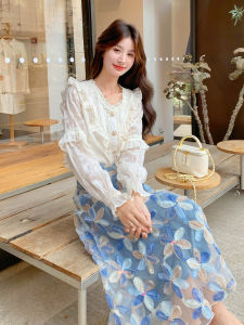 Blue White Korean Style Gentle Beautiful Set Womens Autumn New Shirt Half Skirt Two Piece Set Casual High Waist A-Line Skirt
