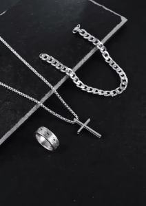 Mens 3pcs Fashion Alloy Jewelry Set - Cross Pendant Necklace Bracelet & Ring Combo