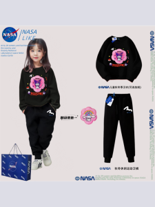 NASA Childrens 2025 New Fleece-lined Two-piece Set Girls Changeable Color Autumn Clothes Cotton Polyester Blend Casual Wear