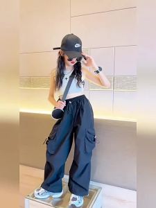 Bé Gái Cao Cấp Quần Khiêu Vũ Hip Hop Quần Jogger Quần Ống Suông Vintage Casual Dạo Phố Quần Baggy Quần Lưng Thun 5-14 Tuổi