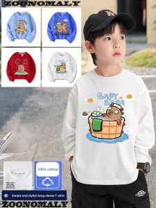 Cotton Long Sleeve T-Shirt for Boys Capybara Design Breathable Versatile Base Layer Spring Autumn Seasonal Kids Clothing