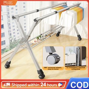 SPACEMADER Heavy Duty Sampayan Clothes rack 2-Layer Foldable Drying Rack with Wheels Space Saving for Indoor Outdoor