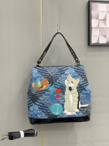 New Woven Fabric Cartoon Bag with Embroidery and Patchwork Large Capacity Tote Handbag